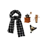 Черный шарф в клетку + кофейная стиральная машина + кофейные бобы + букет