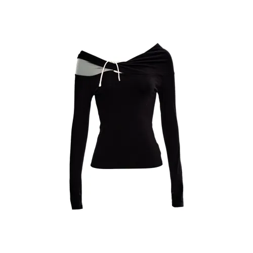 KAZHALIN Таинственный черный Длинный рукав Женская футболка