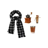 Черный шарф в клетку + кофейная стиральная машина + кофейная чашка + кофейные бобы