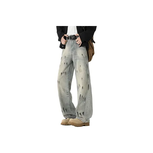 WARNING LIGHT Синий Серый Съемный Логотип Бренда Унисекс Джинсы