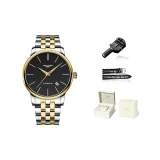 Золото Черный Циферблат Стальной Браслет [Подарочная Коробка Набор + Кожаный Ремешок]