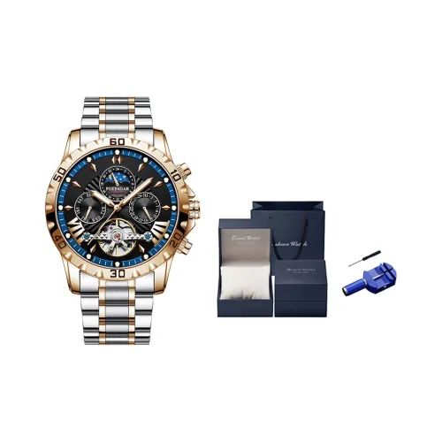 POEDAGAR Автоматический Механический Механизм Нержавеющая Сталь Ремешок Часы Мужские Черный Циферблат