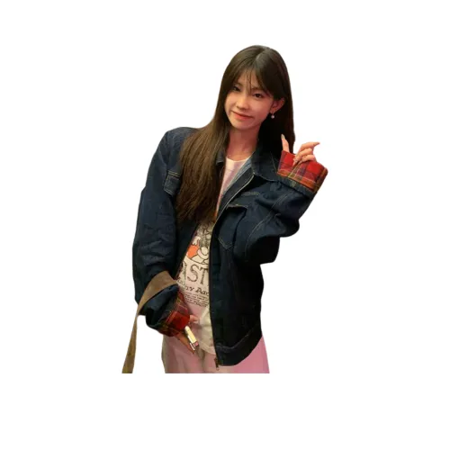 AHRTB Темно-синий и Красный Клетчатый Деним Пэчворк Пальто Женские Куртки