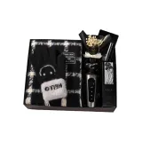 Черный шарф в клетку + термоперчатки + бритва + крем для рук + бальзам для губ + букет