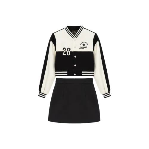 Sato Supun Черный Белый Укороченный Бейсбольная куртка + Юбка-бодикон Женская Униформа