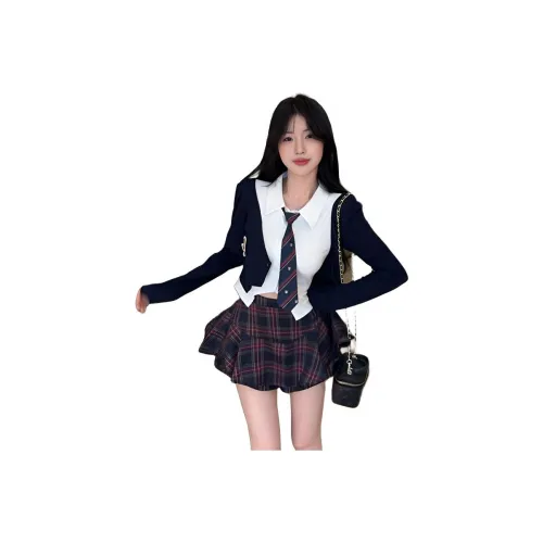 Garbege Длинный рукав Т-рубашка Галстук Клетка Юбка Одежда Комплекты Женская Униформа