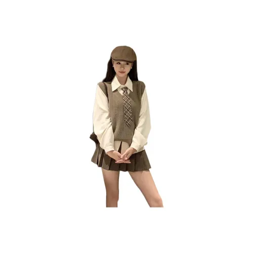 Dippanis Белая рубашка + галстук + кофейный жилет + кофейная юбка с оборками женские комплекты с юбкой