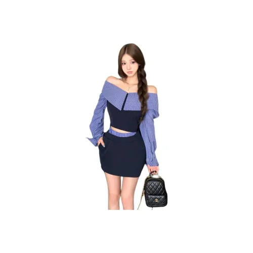 PZHK Ночной морской синий Топ+юбка Женские Комплекты с юбкой