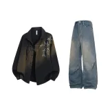 Комплект одежды (Черная рубашка + Винтажные синие джинсы)