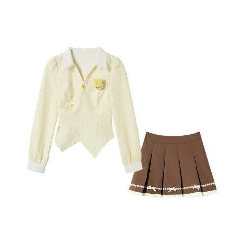 FABRIC PIG Желтый топ + Коричневая короткая юбка + Брошь Bunny Женские юбочные комплекты