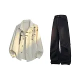 Комплект одежды (Абрикосовая рубашка + Черные джинсовые штаны)