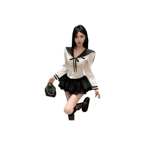 SNZX Одежда Комплект Белая рубашка + Галстук-бабочка + Черные штаны юбка Женская униформа