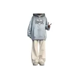 Сердце Светло-Синий Свитшот + Белые Широкие Штаны [Флисовая Подкладка Комплект Одежды]