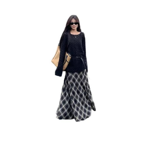 PZHK Черный Свитер + Клетчатая Юбка Женские Комплекты с Юбкой
