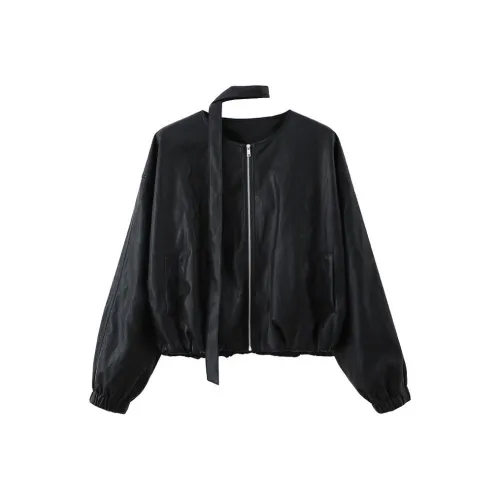 XIMENG Черный С кружевом Вверх Женские Кожаные куртки