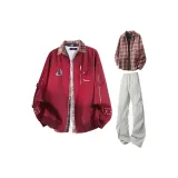 Бордовый + Светло-серые штаны + Красная и синяя клетчатая рубашка