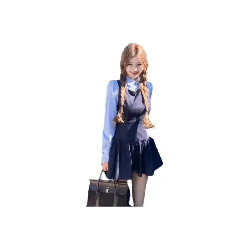 Dippanis Темно-синий Сарафан + Полосатая Рубашка Женские Комплекты с Юбкой