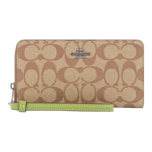 COACH Zip Around ICONIC Холст с покрытием и гладкая кожа держатель для сумки на запястье кошелек и слот для карт женский хаки и яшма