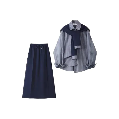 DITB Полосы Рубашка с Шаль + Юбка Женские Комплекты с Юбкой