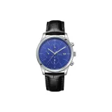 Серебряный корпус, синий циферблат - черный кожаный ремешок