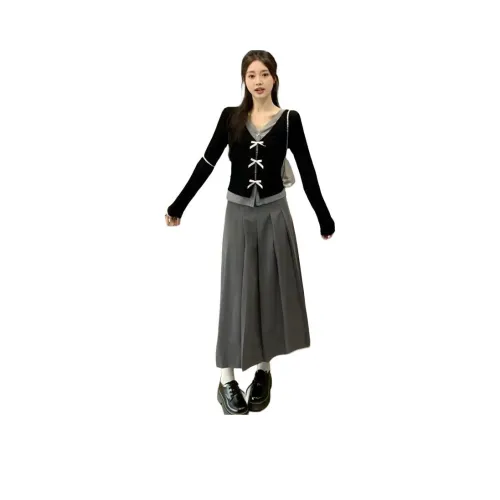 PZHK Черный топ + Серая юбка + Ремень Женские юбочные комплекты