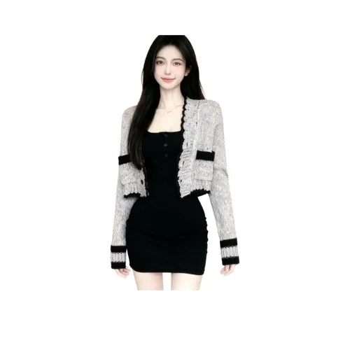 PZHK Серый Свитер + Черный Сарафан Женские Комплекты с Юбкой