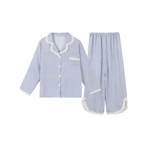 MEIJIAO Синие полосы Кружевная отделка [Комплекты одежды] Женские Пижамные комплекты