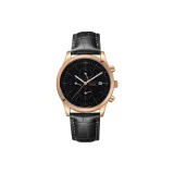 Золотой корпус, черный циферблат, черный кожаный ремешок