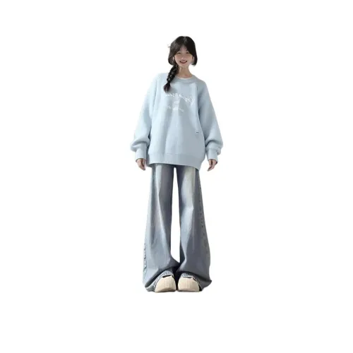 PZHK Синий Свитер + Светло-Синие Джинсы Женские Повседневные Костюмы