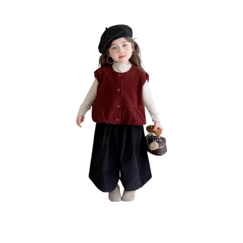 YUGUOGUO Комплект одежды Красный жилет + Бежевый базовый слой + Черные штаны Предшкольная повседневная спортивная одежда