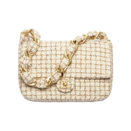 CHANEL Твидовая и золотая металлическая сумка с клапаном сумка через плечо большая женская бежевая