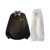 Чёрный топ + белые и серые штаны