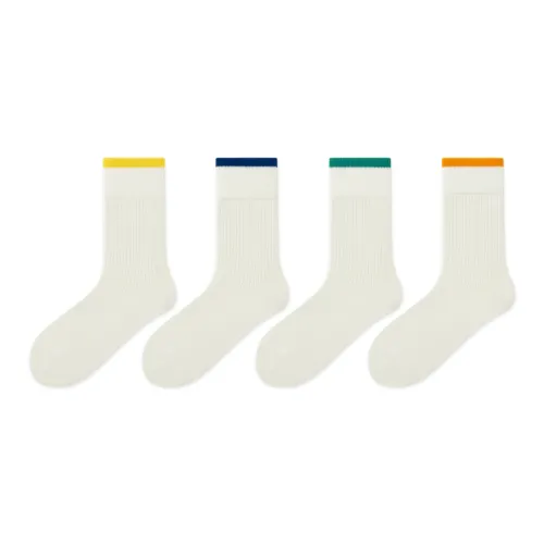 QIANLEE [4 пачки] Бежевый Белый Желтый Edge + Бежевый Синий Edge + Бежевый Зеленый Edge + Бежевый Оранжевый Edge Женские носки MID до икры