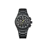 Черный корпус с черным циферблатом, черный стальной браслет.