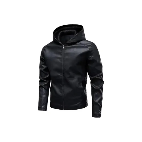 THINGYLAB Черный с капюшоном Мужская кожаная куртка