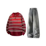 Красный топ + желтые грязные джинсы