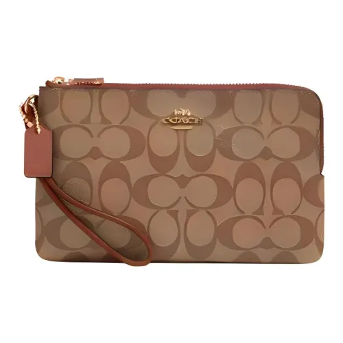 COACH Double Zip Wallet Цвет холста Клатч Женские Коричневый монограмма