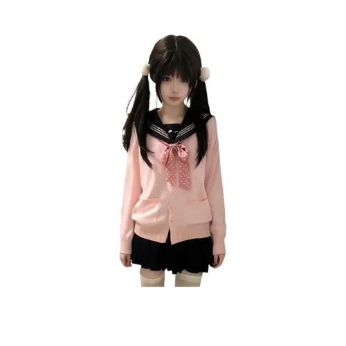 PZHK Розовый кардиган + Черная короткая юбка + Розовый с точкой галстуки-бабочки Женские комплекты с юбкой