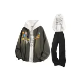 Армейский зеленый + белый свитшот + черные штаны