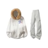 Цветочный дизайн Пепельно-серый + Светло-серый [Брюки] + Меховой воротник