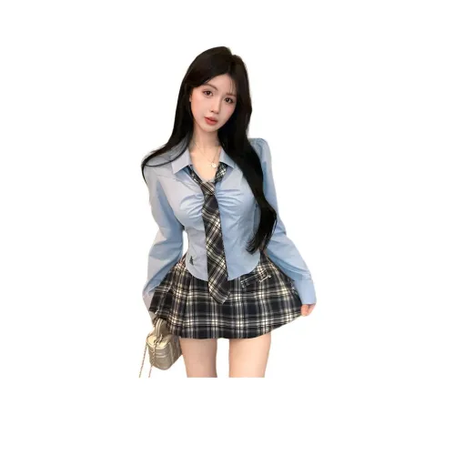 SNZX Одежда Комплекты Синий Рубашка+Галстук+Клетчатая Юбка Женская Униформа