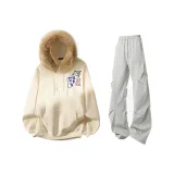 Абрикос + Светло-серые штаны + Воротник из меха