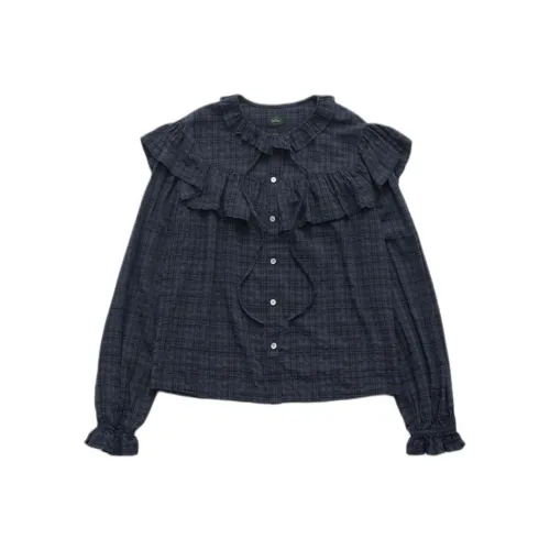 The Barnnet FW25 Eight Milk Panel Check Рюшированная Рубашка _Темно-синий Синий_ Женская