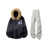 Темно-синие + светло-серые штаны + меховой воротник