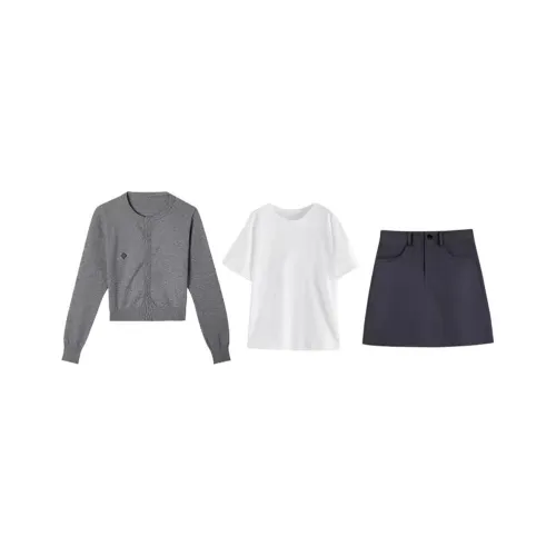 PZHK Серый Трикотаж + Внутренний слой + Юбка + Ремень Женские Комплекты с юбкой