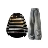 Чёрный топ + жёлтые грязные джинсы