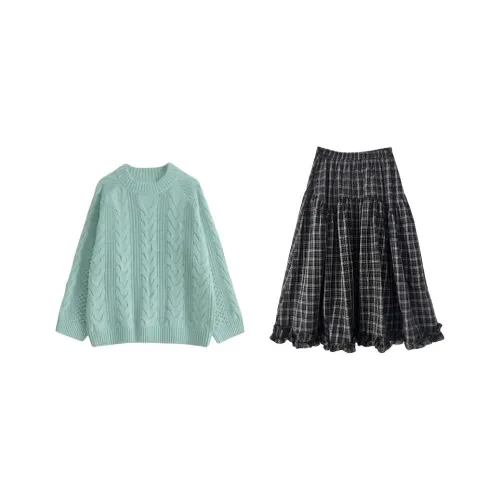 DEDY Зеленый Топ + Клетчатая Юбка Женские Юбочные Комплекты