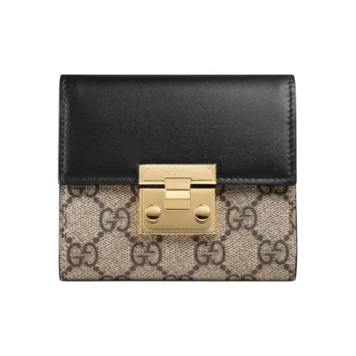GUCCI GG Supreme Canvas Leather Wallet Women's Beige Ebony