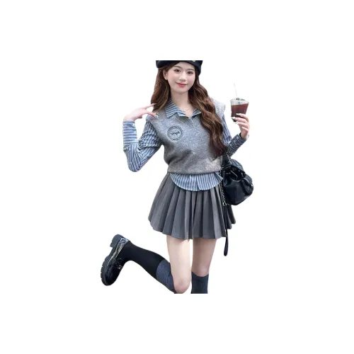 PZHK Серый Жилет + Топ + Юбка с оборками Женские Комплекты с юбкой