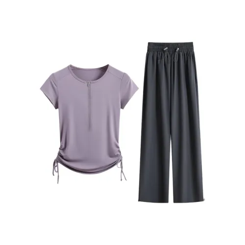 Йога Комплект На открытом воздухе MORNING RUN Альпинизм Велосипедная одежда Женские 2 предмета Комплект Белая Рубашка + HIGH RISE Широкие Штаны